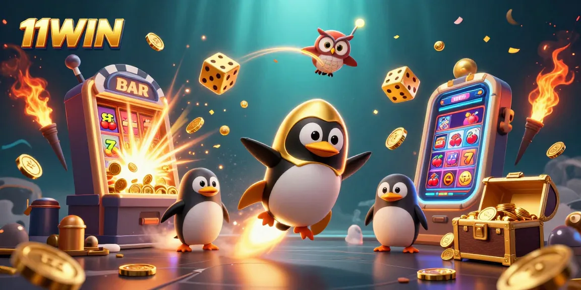 Experience the thrill of 11WIN with a golden penguin blasting through the cosmos to a vibrant casino space station.