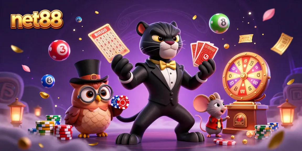 Experience net88 excitement with cartoon characters dealing cards and enjoying the casino atmosphere.