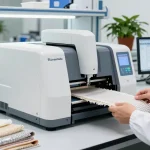 Performing a tearing test on various fabrics using the ElmenGuide Elmendorf Tear Tester in a modern lab.