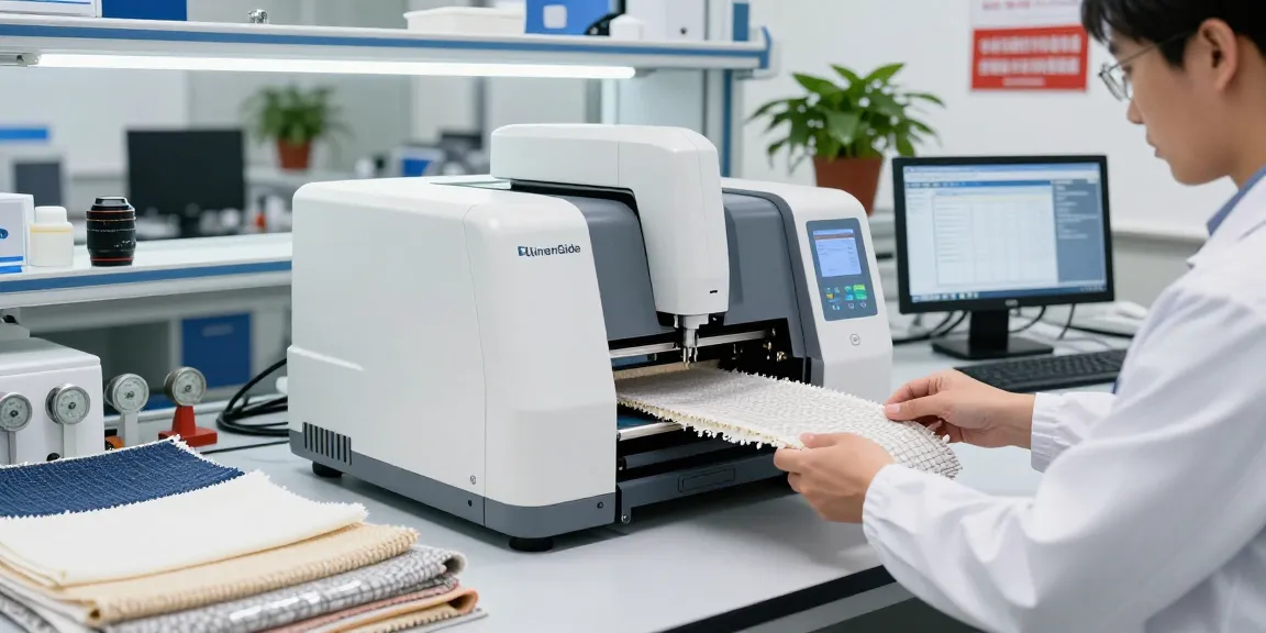 Performing a tearing test on various fabrics using the ElmenGuide Elmendorf Tear Tester in a modern lab.