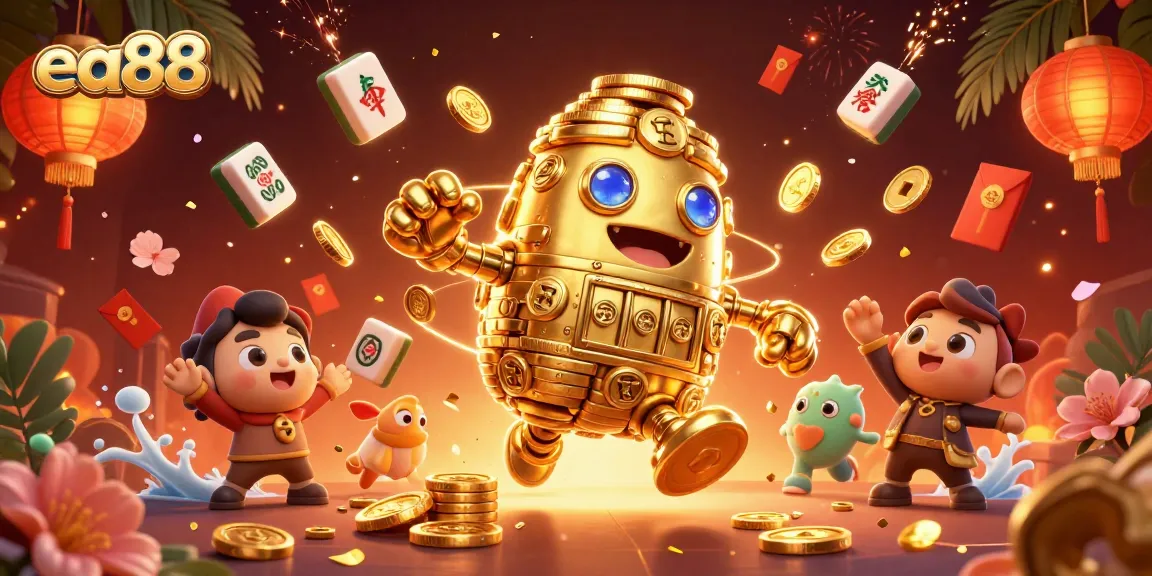 Spin to win with the vibrant ea88 golden golem in this lively casino illustration.