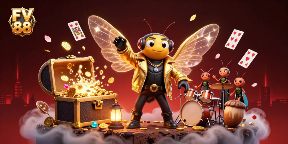 Engage with FV 88's vibrant casino scene featuring a cicada rock star and a treasure-filled adventure.