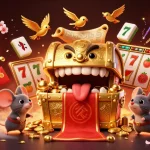 Engage with online casino games featuring a golden treasure chest, floating slot reels, and vibrant red lanterns.