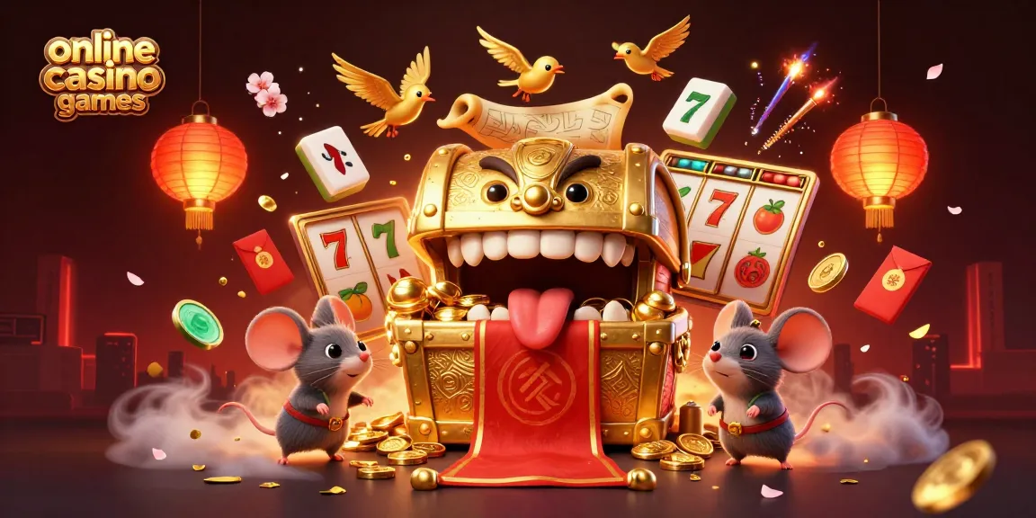 Engage with online casino games featuring a golden treasure chest, floating slot reels, and vibrant red lanterns.