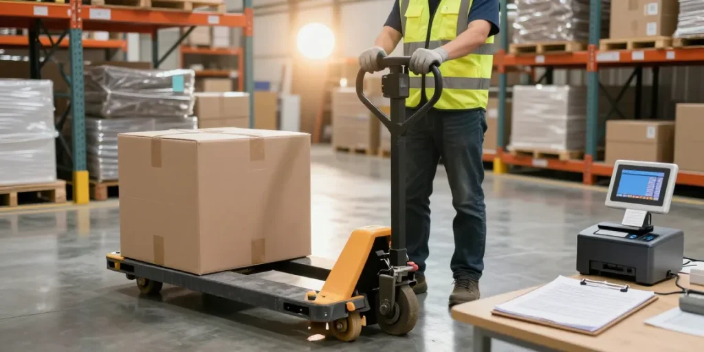 Manual pallet truck with scale and printer for sale weighing goods efficiently in a busy warehouse setting
