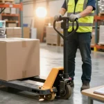 Manual pallet truck with scale and printer for sale weighing goods efficiently in a busy warehouse setting