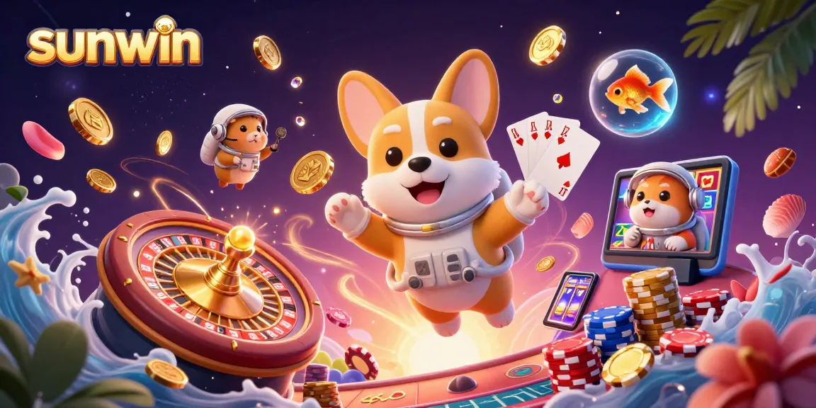Experience exciting moments at sunwin casino with a 3D astronaut corgi surrounded by coins and games.