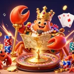 Engage with online casino games Australia through this vibrant 3D illustration featuring a golden crab emperor.